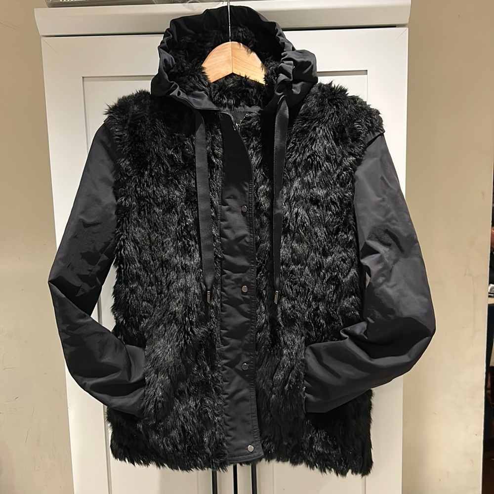 Zara black faux leather drawstring hooded mixed media coat jacket size xs